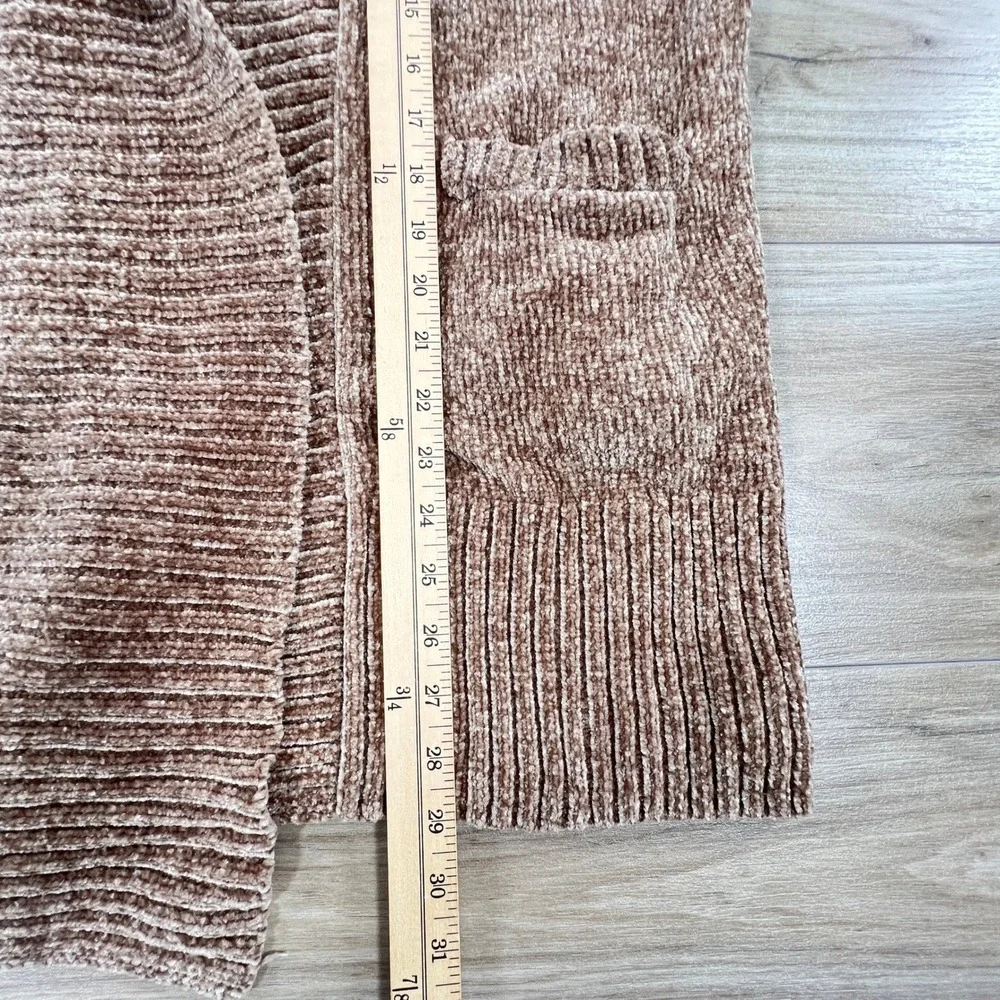 Orvis Brown Chenille Cardigan Sweater Shawl Collar Open Front Pockets Large